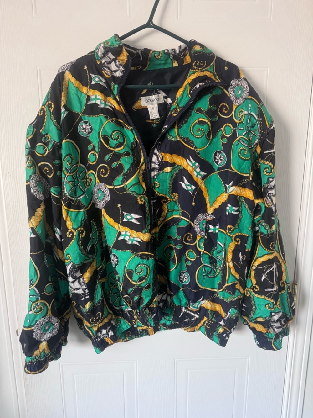 BOGARI Printed Quilted Jacket in Green, Black & Gold Chain Motif 100% silk